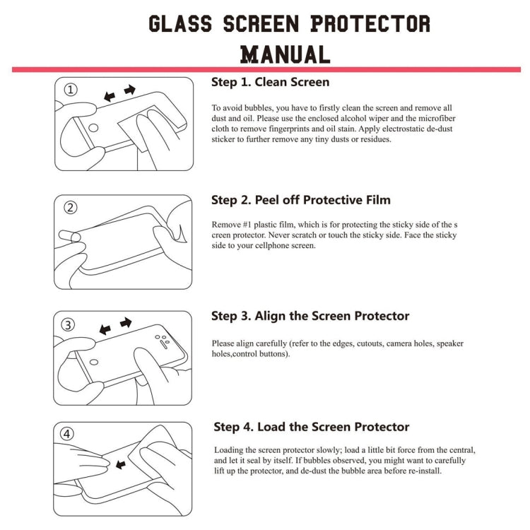 Glass screen protector manual with step-by-step installation instructions for smartwatch film