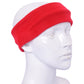 Red knitted Bluetooth headband with smooth front profile and no control panel visible