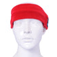 Red knitted Bluetooth headband with small blue button controls on side