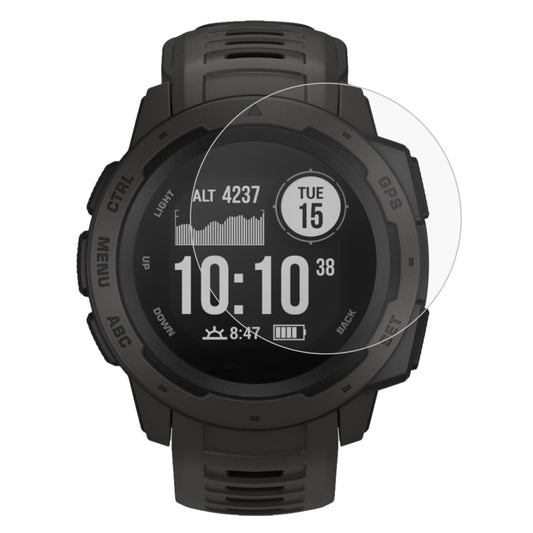 Curved tempered glass screen protector on dark smartwatch display, clear fitted edge.