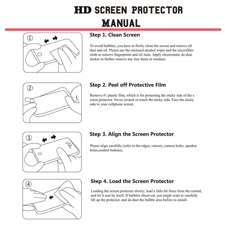 HD screen protector manual instruction sheet with step-by-step diagrams.