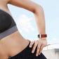 Dark red woven nylon watch band on wrist with metal clasp