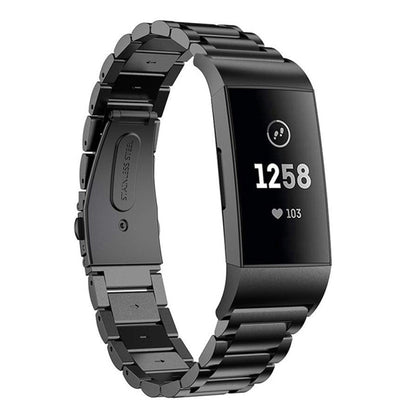 Black stainless steel watch band with slingshot buckle, three-bead link design