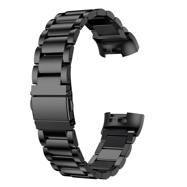 Black stainless steel watch band with three-bead links and slingshot buckle clasp