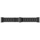 Black stainless steel watch band with slingshot buckle clasp, flat side view