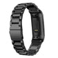 Black stainless steel watch band with three-bead links and slingshot buckle, side view