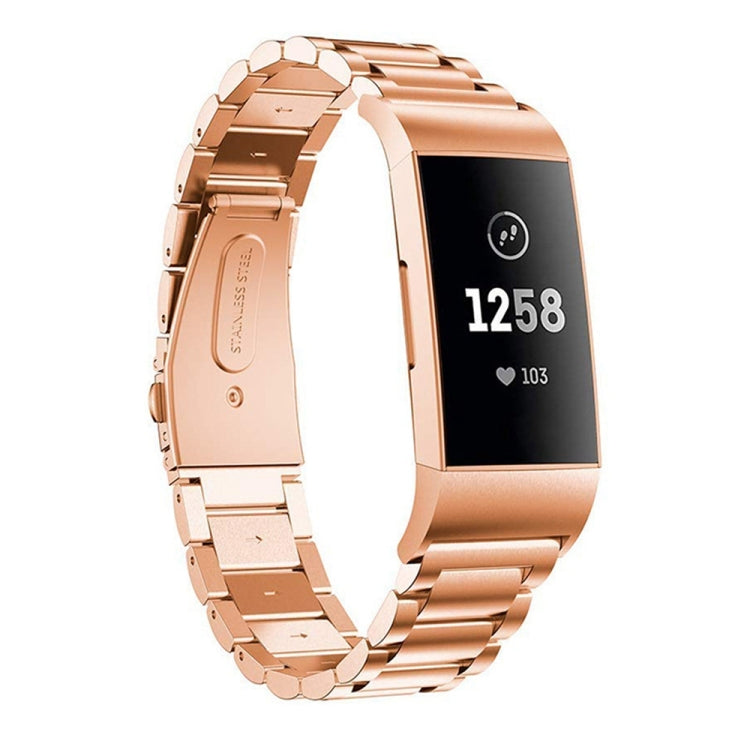 Rose gold stainless steel watch band with slingshot buckle and three-bead links