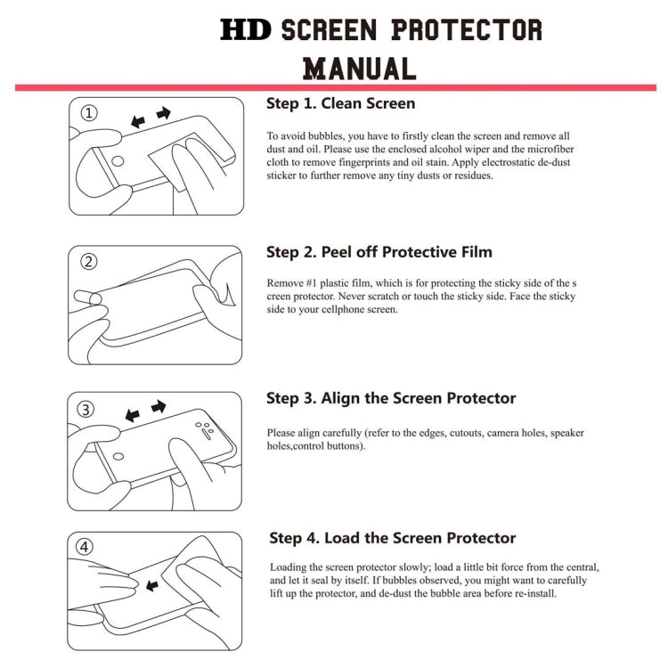 Screen protector installation manual with step-by-step cleaning and alignment instructions