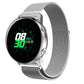 Silver stainless steel mesh watch band with smartwatch and dark display