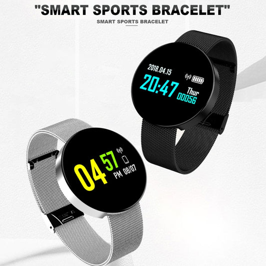 Smart bracelet with black screen displaying 20:47 and dark mesh watch band