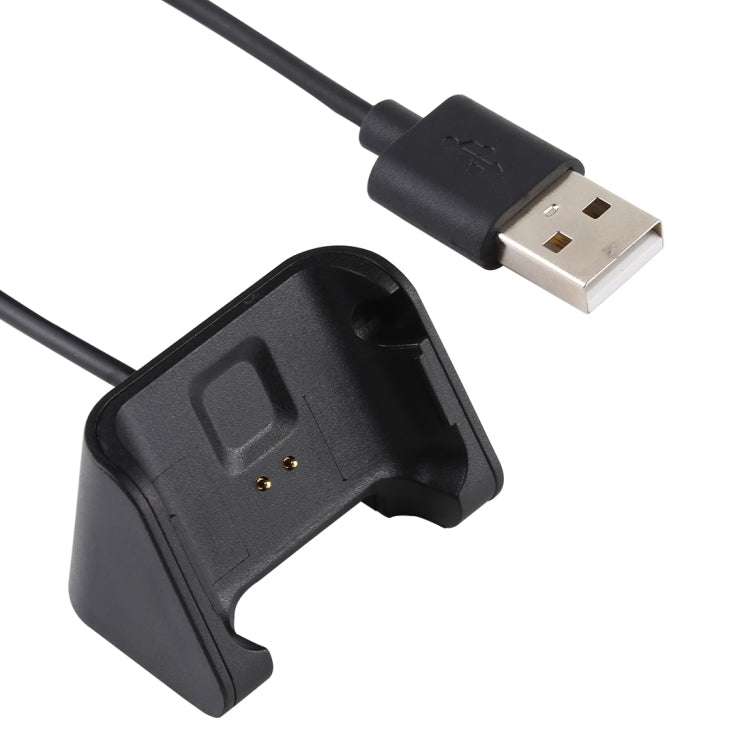 Black USB charging cable with male USB plug and watch cradle contact dock