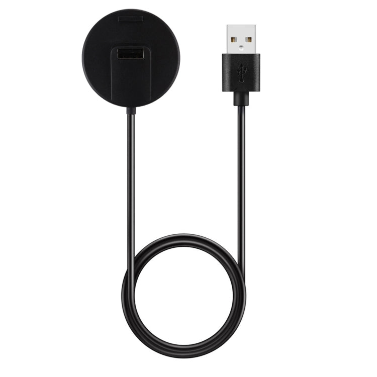 Black magnetic smartwatch charging cable with USB-A plug and round cradle, neatly laid out