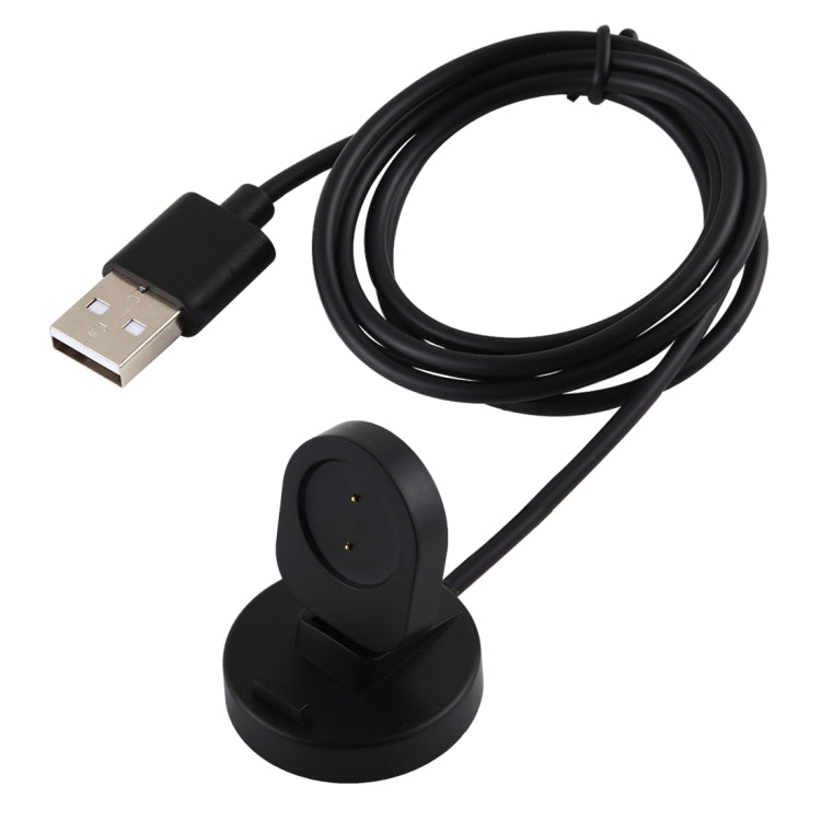 Coiled black USB-A magnetic charging cable with round cradle dock, smartwatch charger