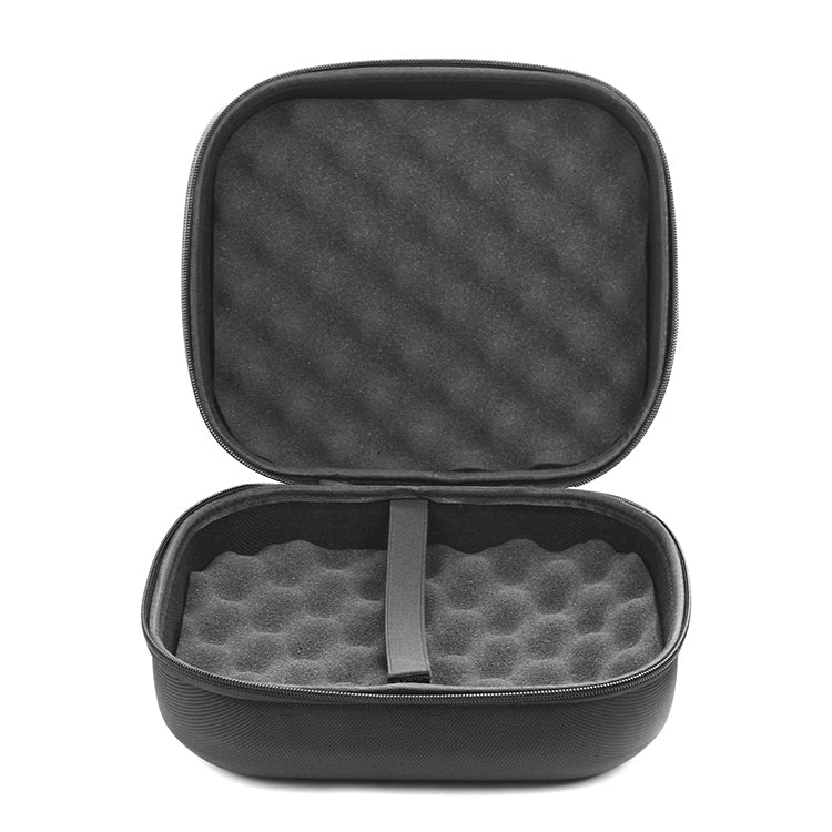 Black zippered storage case with open lid and gray foam insert