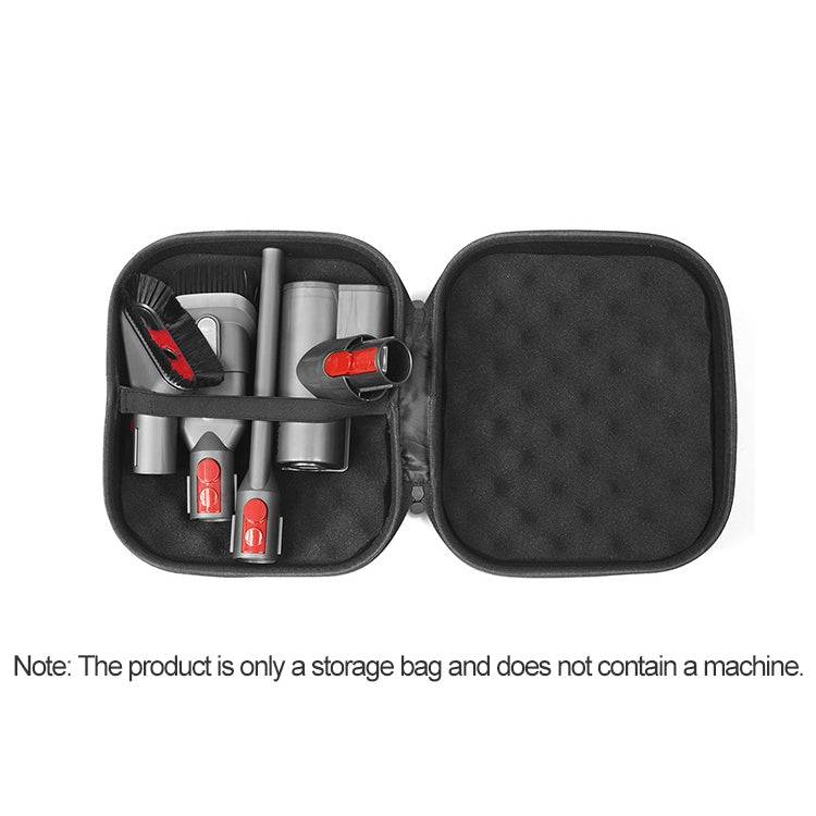 Black storage bag opened to show handheld vacuum accessory heads in compartments