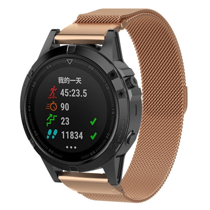 Rose gold milanese watch band with metal clasp, shown with a round smartwatch case