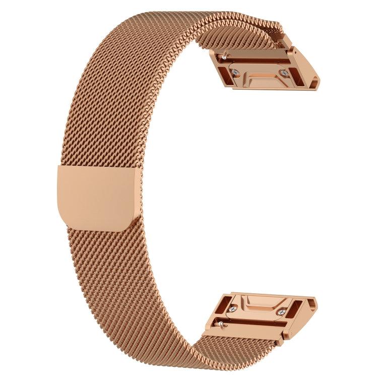Rose gold milanese watch band links with brushed metal clasp and attachment ends