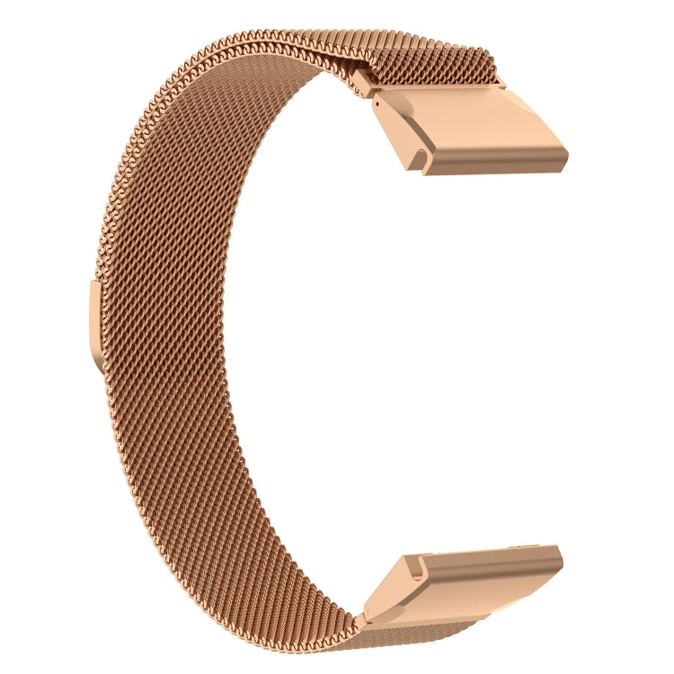 Rose gold milanese watch band with metal buckle and mesh strap detail