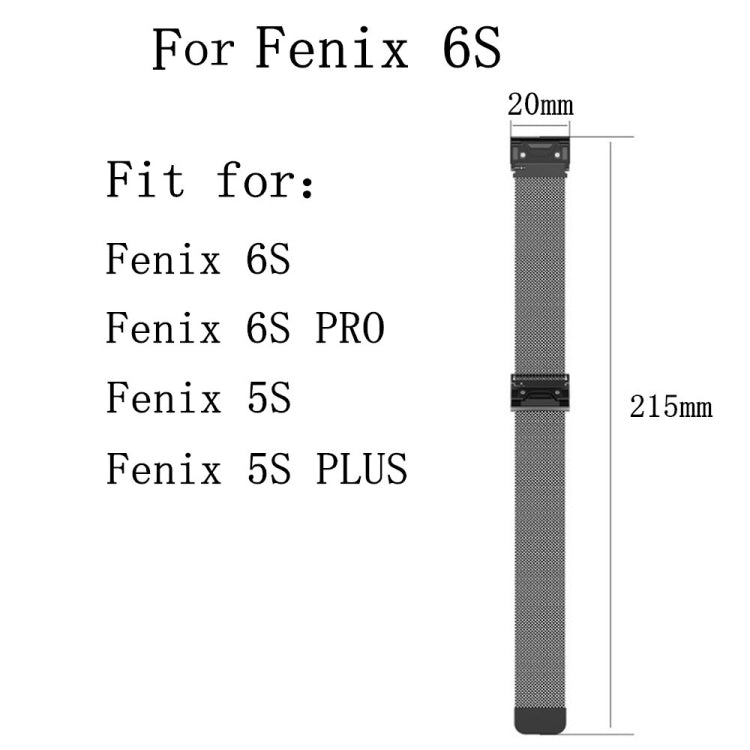 Watch band size chart: 20mm width, 215mm length for compatible Garmin models