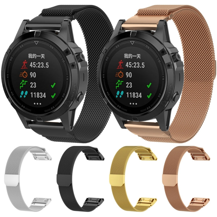 Milanese watch bands in multiple colors: silver, black, gold, and rose gold, with clasps