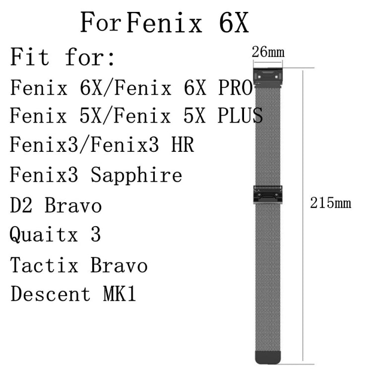 Watch band fit guide: 26mm width and 215mm strap length for Garmin Fenix 6X
