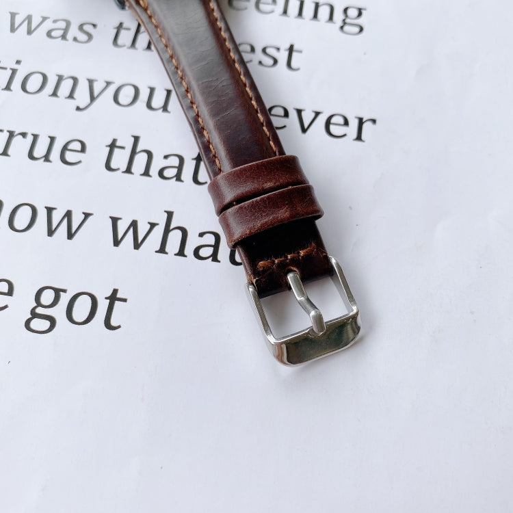 22mm leather watch band clasp close-up, double-sided strap in dark brown
