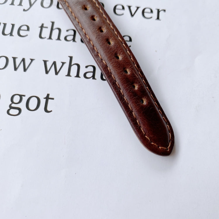 22mm leather watch band strap end close-up with stitching, double-sided dark brown