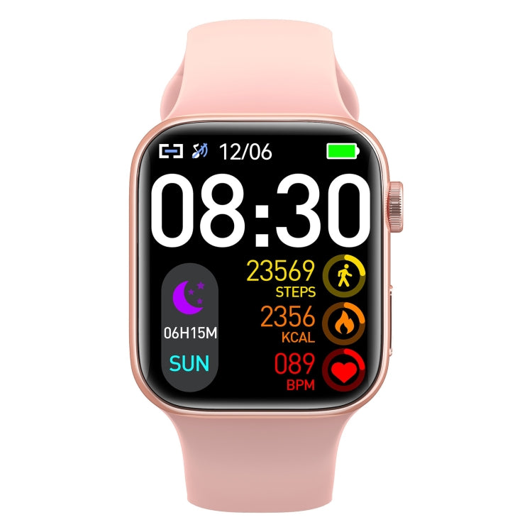 Pink smartwatch with large screen and heart and steps icons