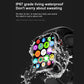 Waterproof smartwatch with splash droplets over a dark display and colorful icons