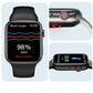 Smartwatch screen shows blood oxygen percentage and signal waveform graphics