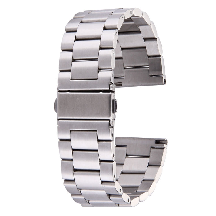 Stainless steel watch band with butterfly buckle and bead-style links, silver tone