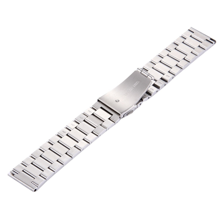 Stainless steel watch band with butterfly clasp underside and bead-style links, silver