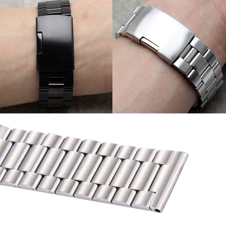 Stainless steel watch band on wrist with metal links; shows black and silver views