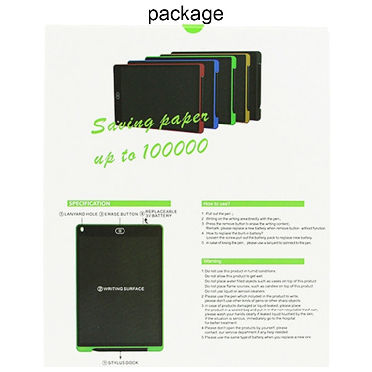 Packaged 12-inch LCD writing tablets, multiple colors shown in retail box
