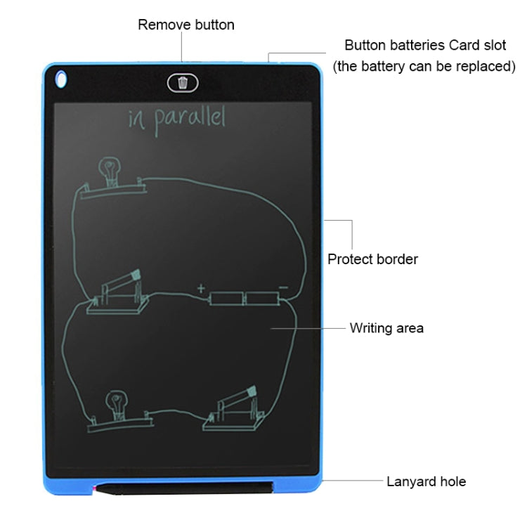 12-inch LCD writing tablet with labeled features, writing area and battery card slot