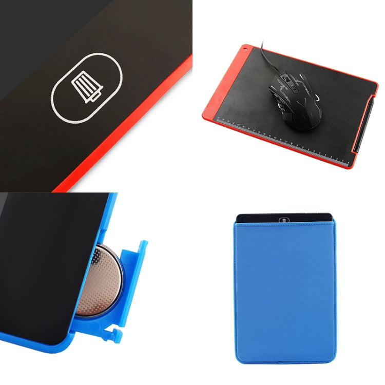 Portable LCD writing tablet with pen, blue protective pouch, and close-up detail