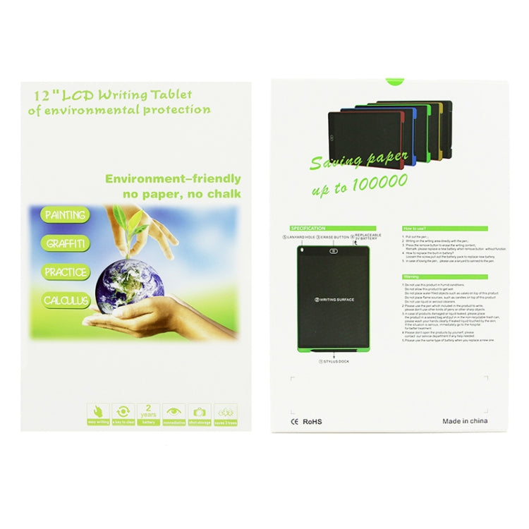 LCD writing tablet brochure packaging with eco and safety icon graphics