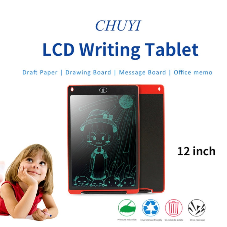 LCD writing tablet 12-inch box image with tablet and badge icons