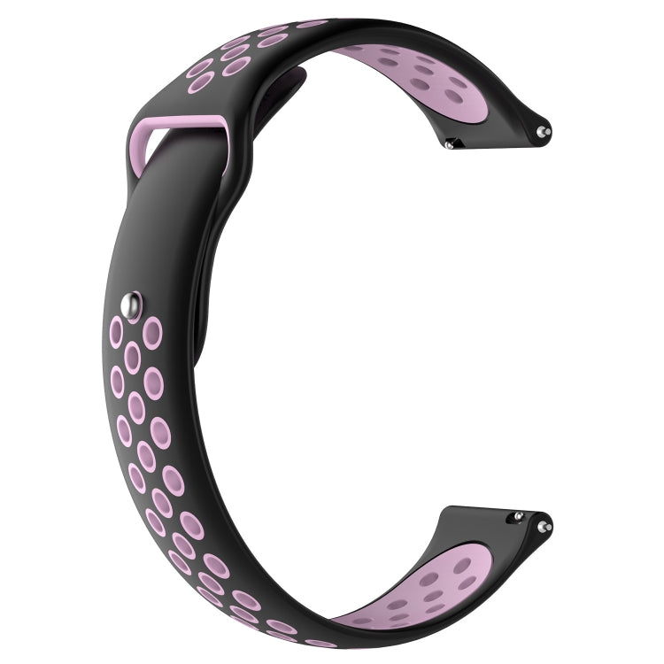 Two-tone silicone watch band in black and purple with light purple oval perforations