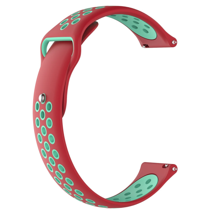 Dual-color silicone watch band, red with teal oval dot pattern and metal clasp ends