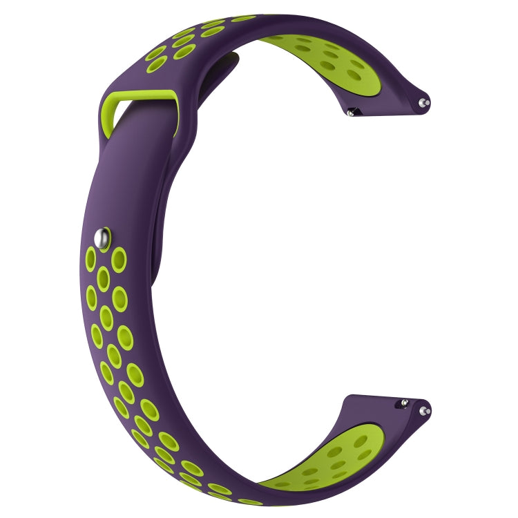 Dual-color silicone watch band, purple with neon green oval dot pattern and metal clasp ends