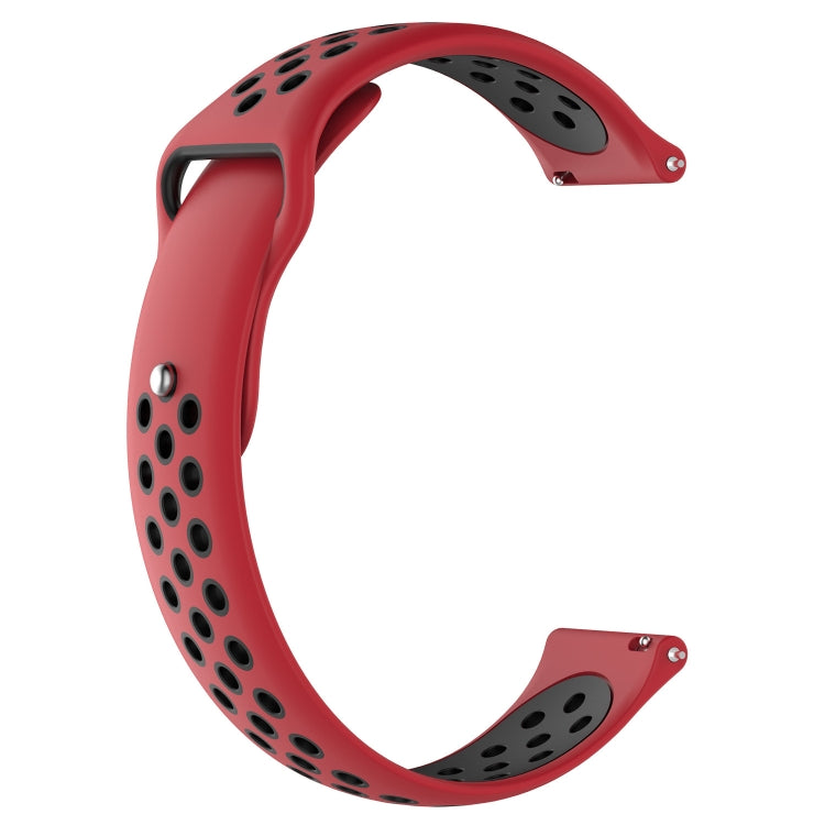 Two-tone silicone watch band in red and black with oval perforation pattern