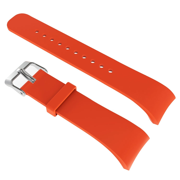 Orange-red leather watch band with metal buckle and adjustment holes