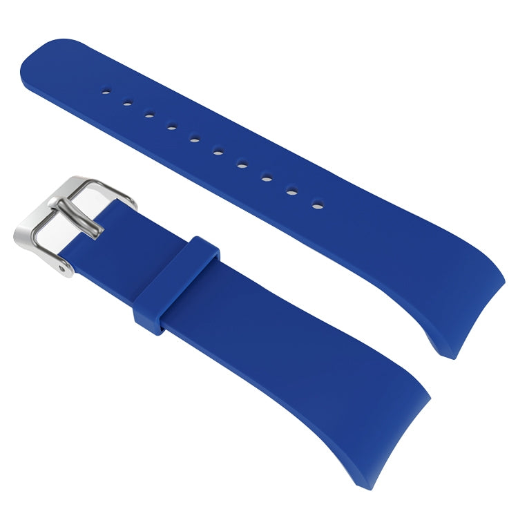 Blue leather watch band with metal buckle and adjustment holes