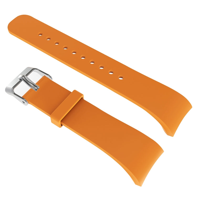 Orange leather watch band with metal buckle and punched holes for secure fit