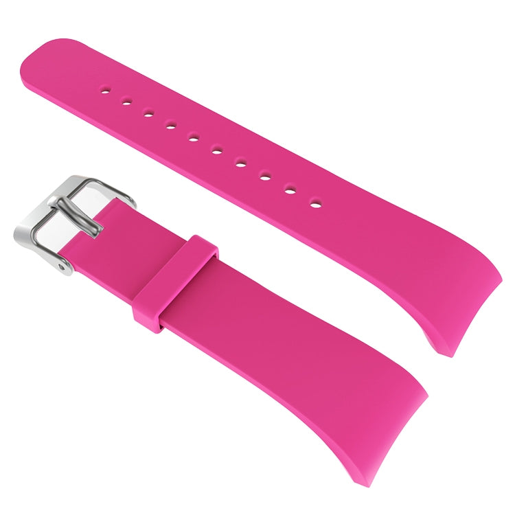 Magenta leather watch band with metal clasp and perforated adjustment holes