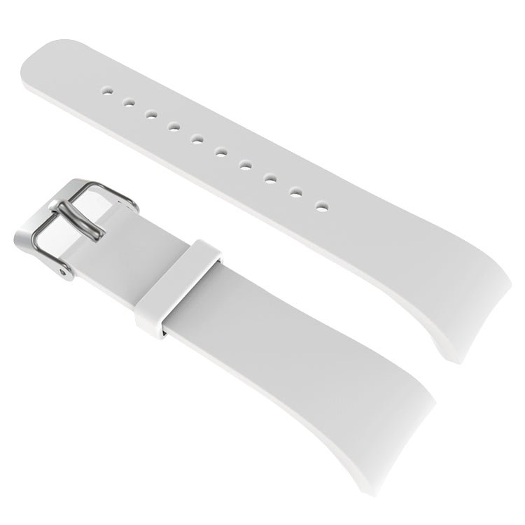 Light gray leather watch band with metal buckle and punched holes for secure fit