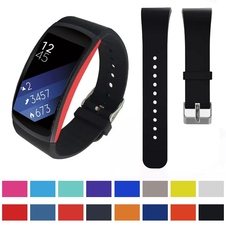 Black leather watch band with metal buckle, shown with smartwatch and color options