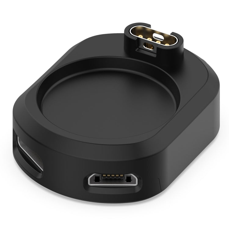 Black watch charging dock with open cradle and bottom USB-C/micro-USB ports