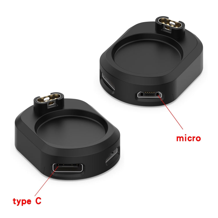 Black charging dock with USB-C and micro-USB connectors on the base